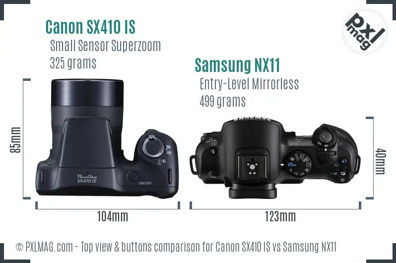 Canon SX410 IS vs Samsung NX11 top view buttons comparison Canon SX410 IS vs Samsung NX11 top view buttons comparison