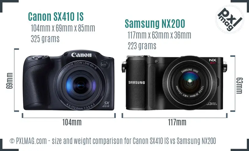 Canon SX410 IS vs Samsung NX200 size comparison