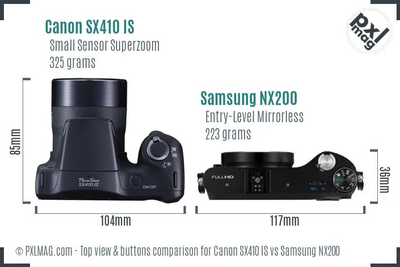 Canon SX410 IS vs Samsung NX200 top view buttons comparison