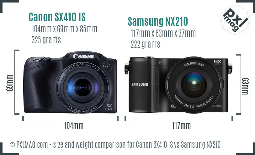 Canon SX410 IS vs Samsung NX210 size comparison