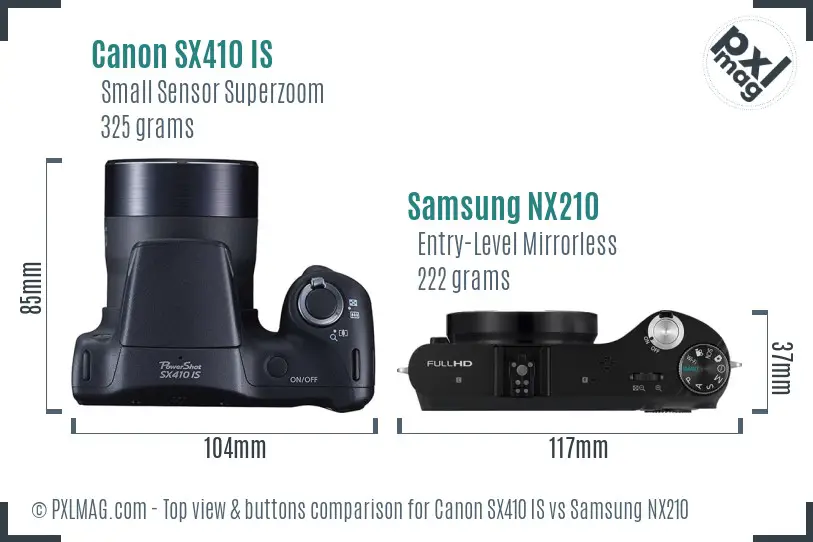 Canon SX410 IS vs Samsung NX210 top view buttons comparison