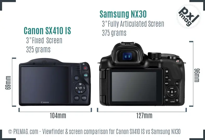 Canon SX410 IS vs Samsung NX30 Screen and Viewfinder comparison