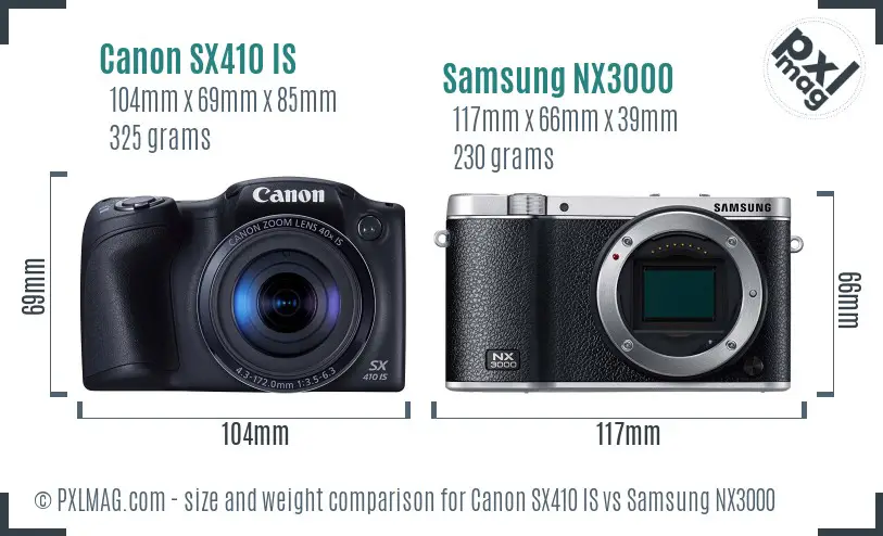 Canon SX410 IS vs Samsung NX3000 size comparison Canon SX410 IS vs Samsung NX3000 size comparison