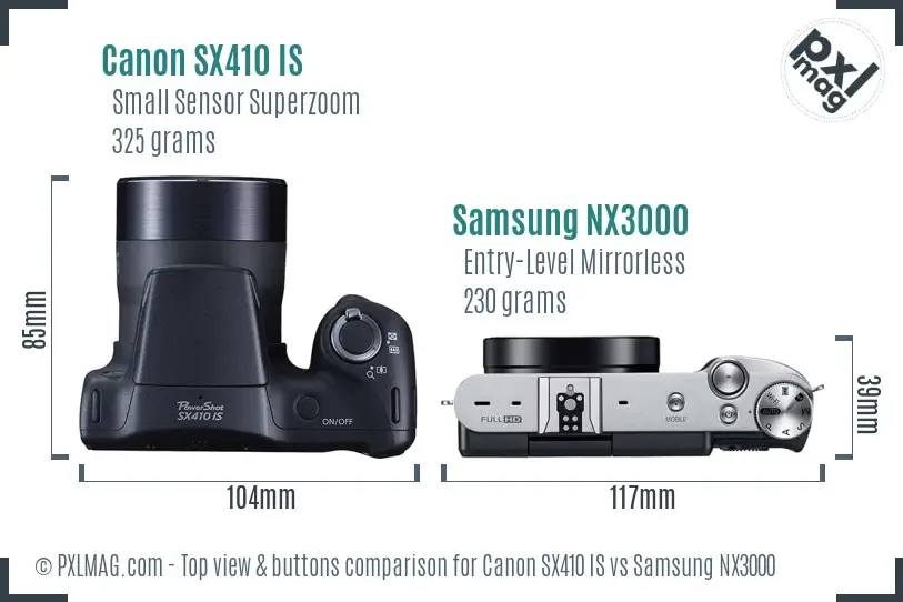 Canon SX410 IS vs Samsung NX3000 top view buttons comparison Canon SX410 IS vs Samsung NX3000 top view buttons comparison