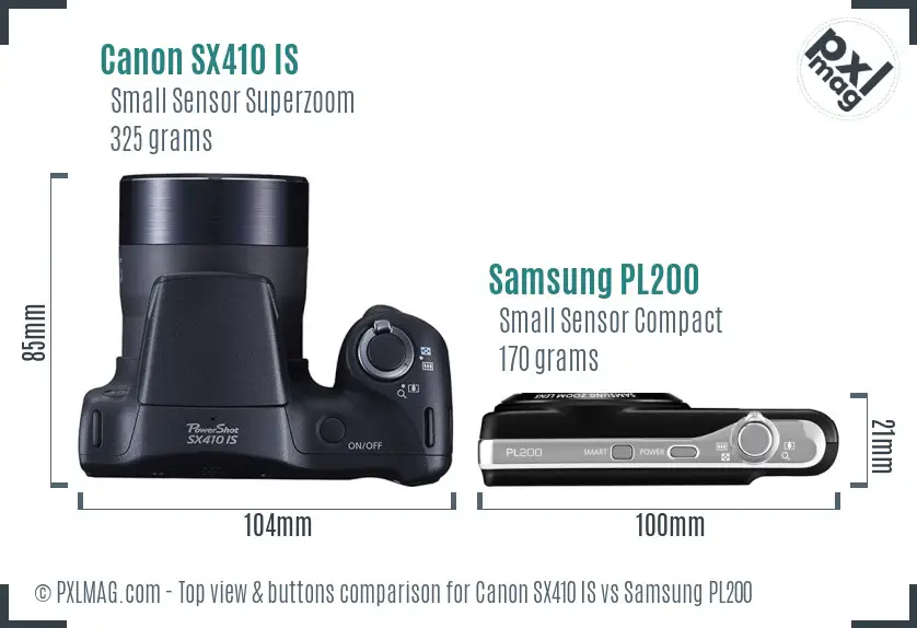 Canon SX410 IS vs Samsung PL200 top view buttons comparison