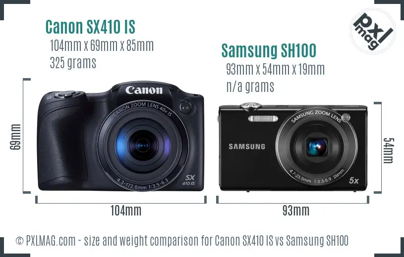 Canon SX410 IS vs Samsung SH100 size comparison