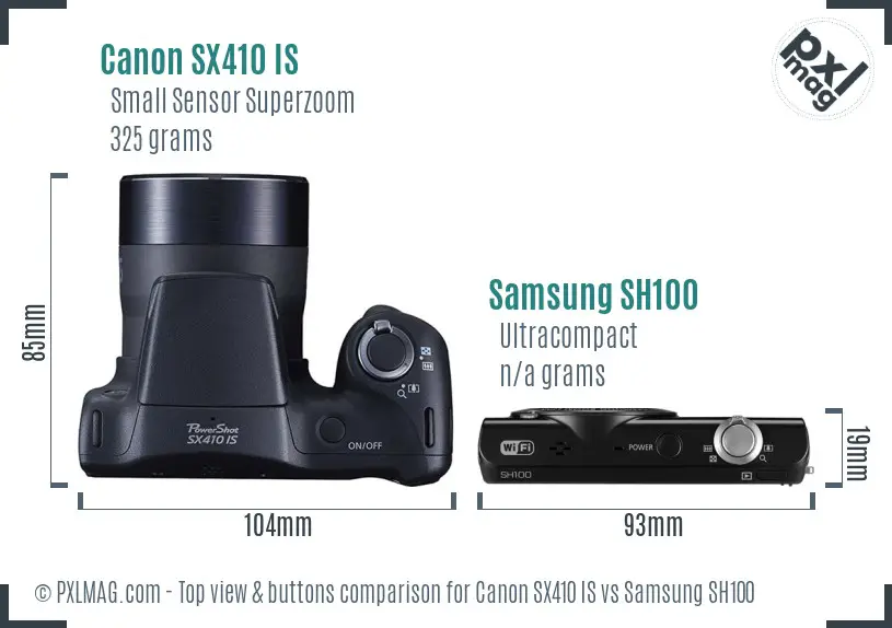 Canon SX410 IS vs Samsung SH100 top view buttons comparison