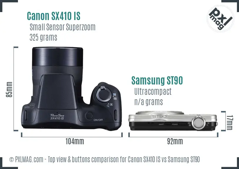Canon SX410 IS vs Samsung ST90 top view buttons comparison