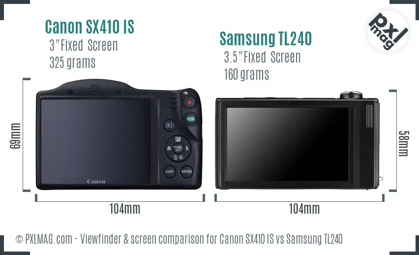 Canon SX410 IS vs Samsung TL240 Screen and Viewfinder comparison