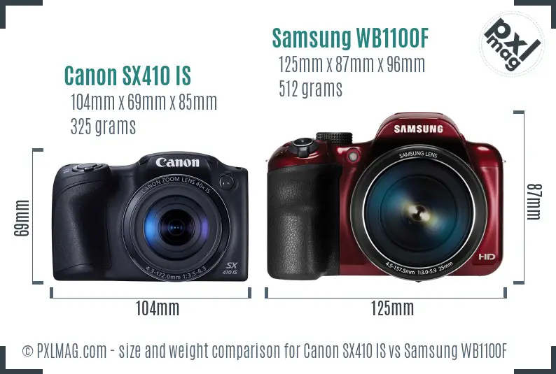 Canon SX410 IS vs Samsung WB1100F size comparison