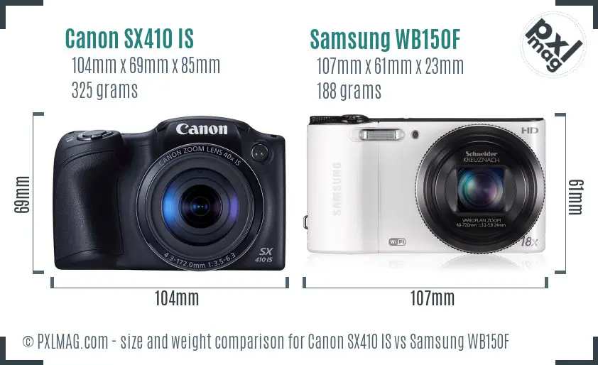 Canon SX410 IS vs Samsung WB150F size comparison