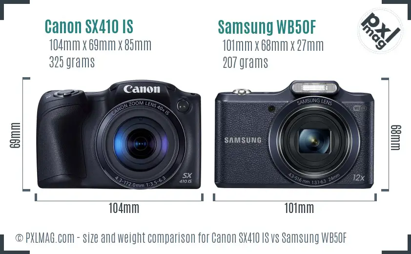 Canon SX410 IS vs Samsung WB50F size comparison