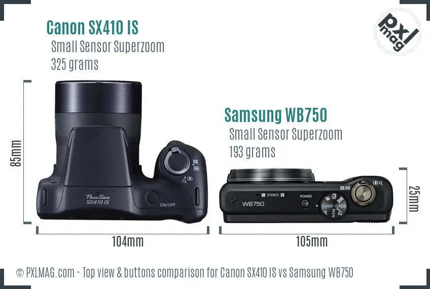 Canon SX410 IS vs Samsung WB750 top view buttons comparison Canon SX410 IS vs Samsung WB750 top view buttons comparison