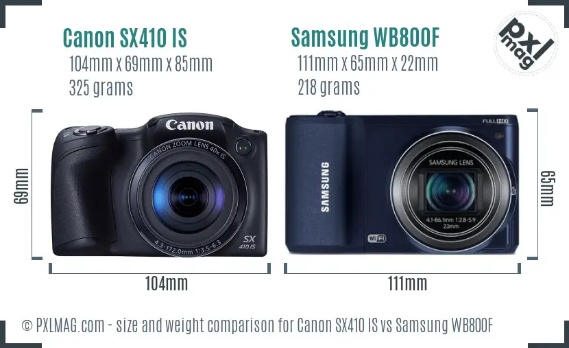 Canon SX410 IS vs Samsung WB800F size comparison
