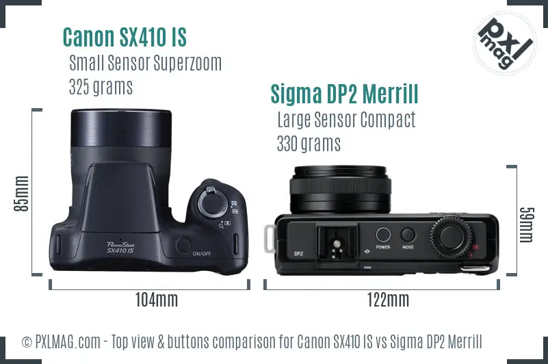 Canon SX410 IS vs Sigma DP2 Merrill top view buttons comparison Canon SX410 IS vs Sigma DP2 Merrill top view buttons comparison