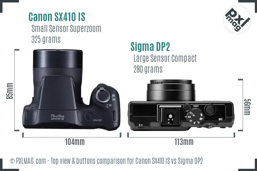 Canon SX410 IS vs Sigma DP2 top view buttons comparison Canon SX410 IS vs Sigma DP2 top view buttons comparison