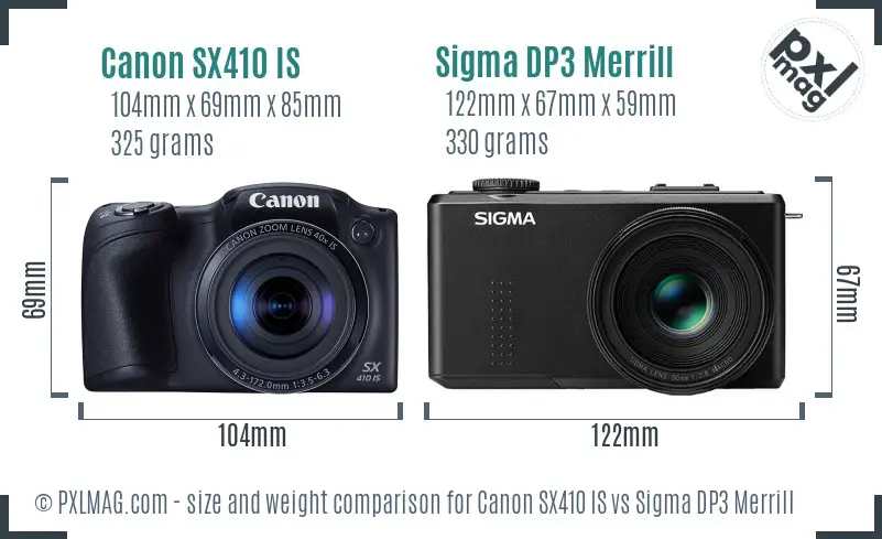 Canon SX410 IS vs Sigma DP3 Merrill size comparison