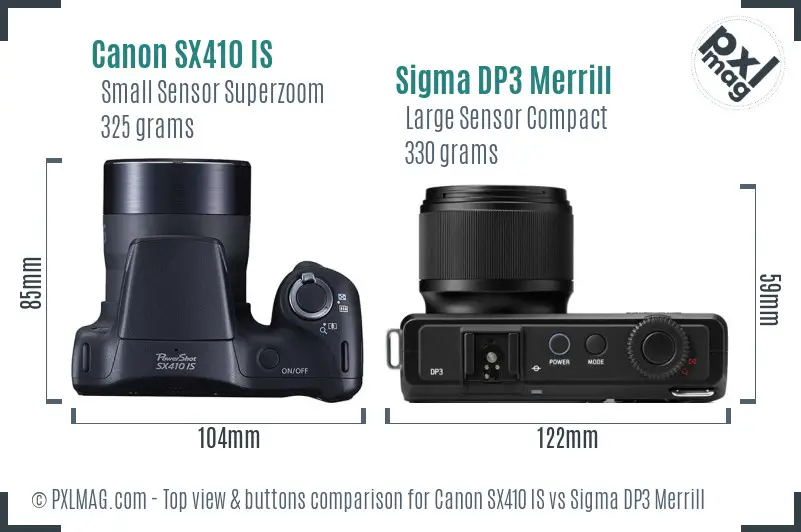 Canon SX410 IS vs Sigma DP3 Merrill top view buttons comparison