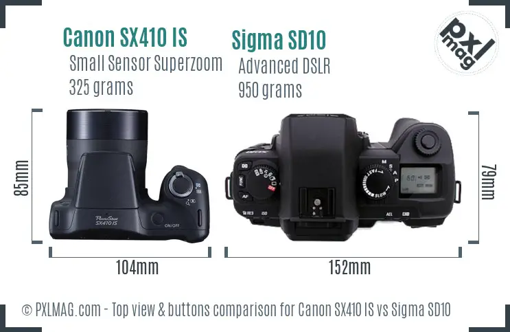 Canon SX410 IS vs Sigma SD10 top view buttons comparison