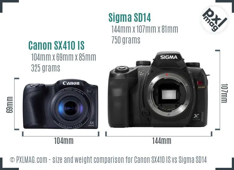 Canon SX410 IS vs Sigma SD14 size comparison