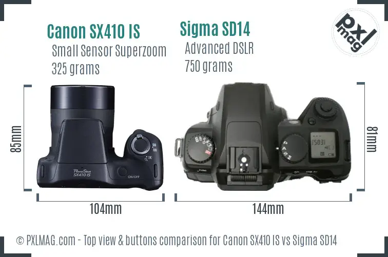 Canon SX410 IS vs Sigma SD14 top view buttons comparison