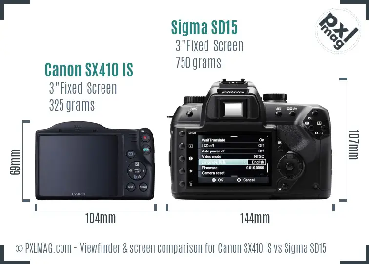 Canon SX410 IS vs Sigma SD15 Screen and Viewfinder comparison