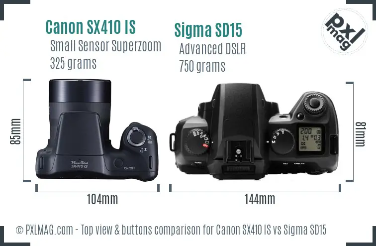 Canon SX410 IS vs Sigma SD15 top view buttons comparison