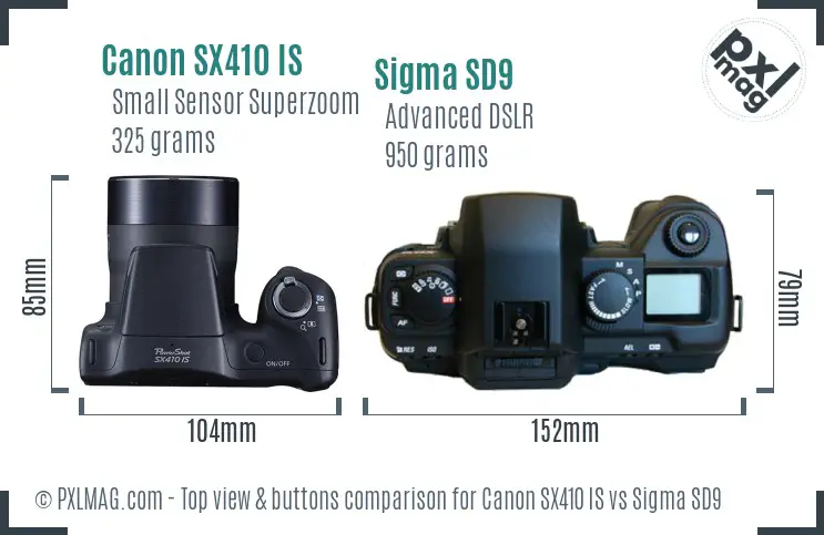 Canon SX410 IS vs Sigma SD9 top view buttons comparison