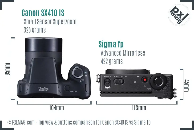 Canon SX410 IS vs Sigma fp top view buttons comparison Canon SX410 IS vs Sigma fp top view buttons comparison
