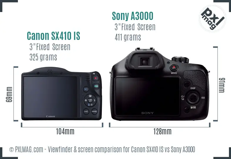 Canon SX410 IS vs Sony A3000 Screen and Viewfinder comparison