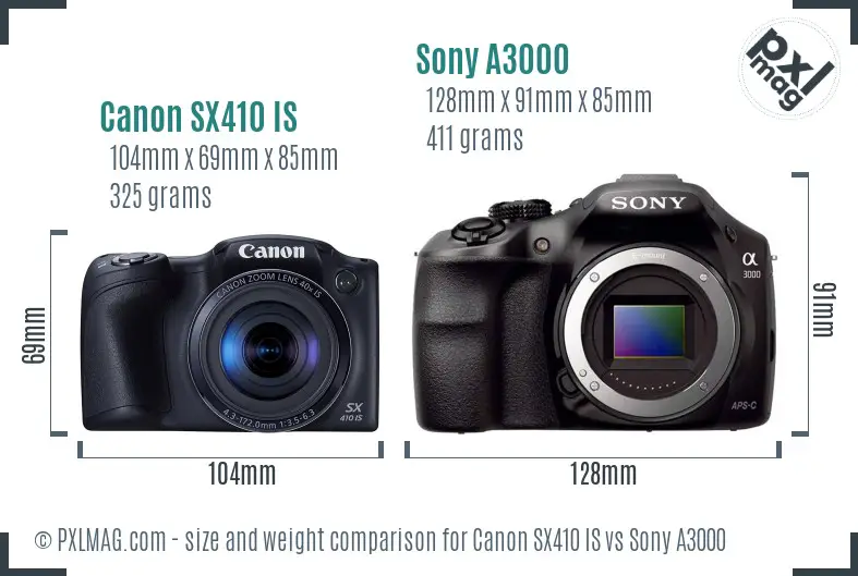 Canon SX410 IS vs Sony A3000 size comparison