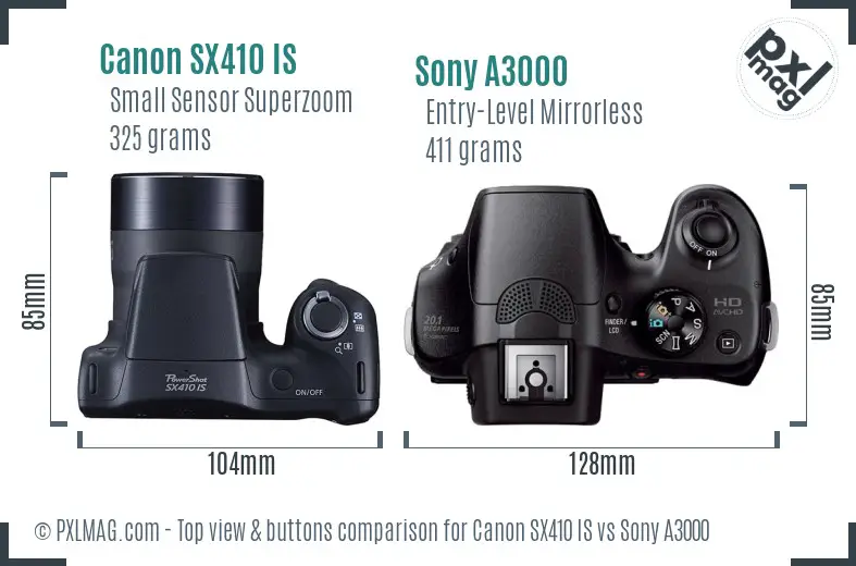 Canon SX410 IS vs Sony A3000 top view buttons comparison