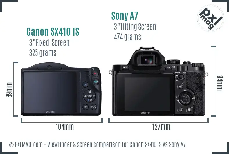 Canon SX410 IS vs Sony A7 Screen and Viewfinder comparison