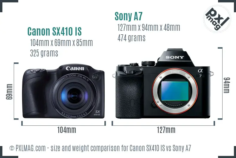 Canon SX410 IS vs Sony A7 size comparison