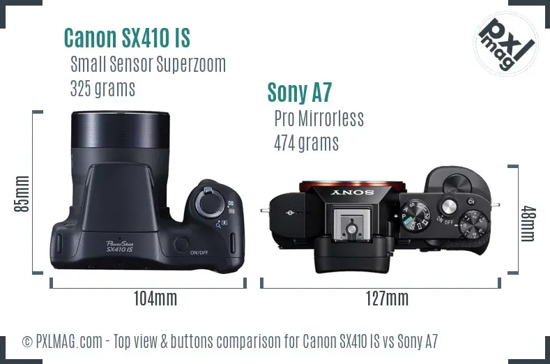 Canon SX410 IS vs Sony A7 top view buttons comparison