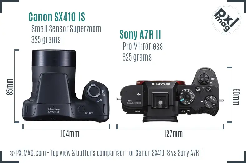 Canon SX410 IS vs Sony A7R II top view buttons comparison