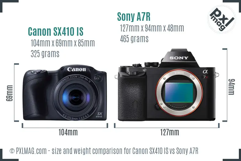 Canon SX410 IS vs Sony A7R size comparison