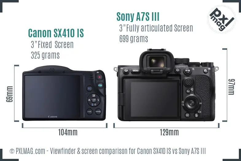 Canon SX410 IS vs Sony A7S III Screen and Viewfinder comparison