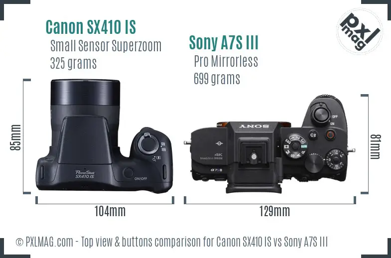 Canon SX410 IS vs Sony A7S III top view buttons comparison