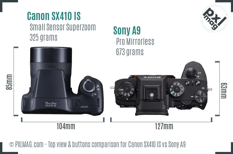 Canon SX410 IS vs Sony A9 top view buttons comparison
