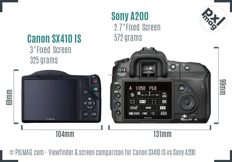 Canon SX410 IS vs Sony A200 Screen and Viewfinder comparison