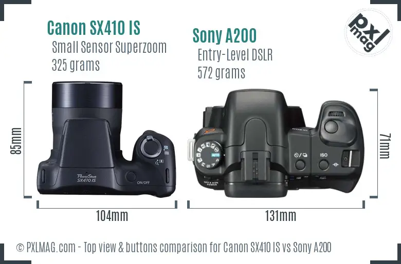 Canon SX410 IS vs Sony A200 top view buttons comparison