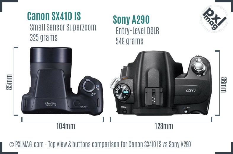 Canon SX410 IS vs Sony A290 top view buttons comparison