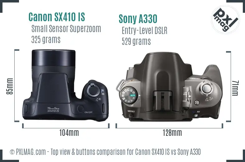 Canon SX410 IS vs Sony A330 top view buttons comparison