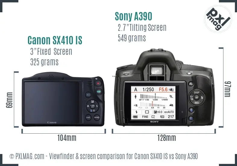 Canon SX410 IS vs Sony A390 Screen and Viewfinder comparison