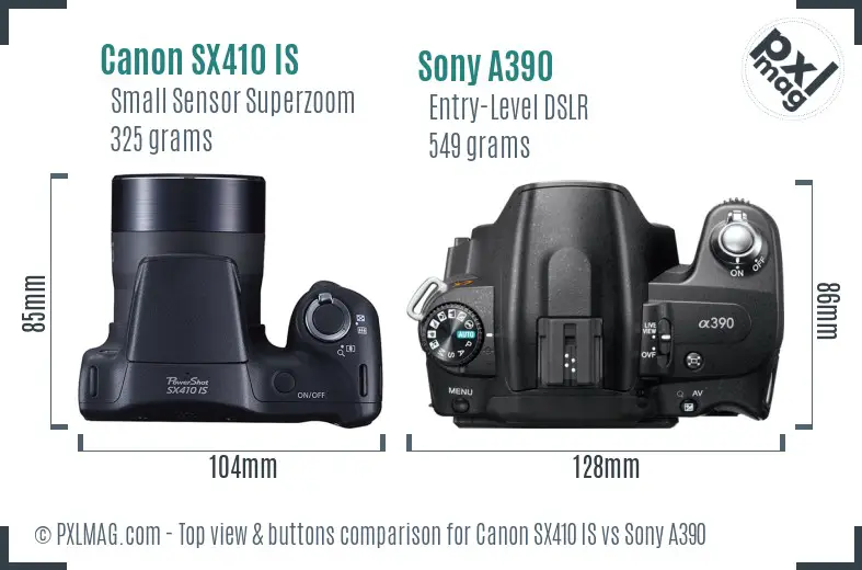 Canon SX410 IS vs Sony A390 top view buttons comparison