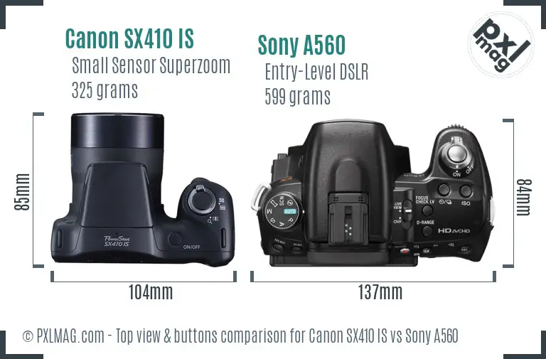 Canon SX410 IS vs Sony A560 top view buttons comparison