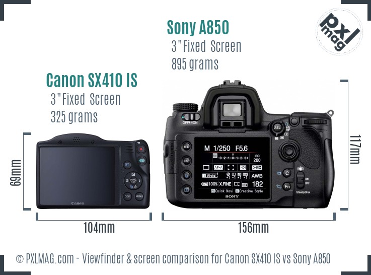 Canon SX410 IS vs Sony A850 Screen and Viewfinder comparison