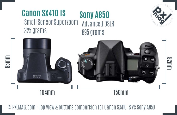 Canon SX410 IS vs Sony A850 top view buttons comparison