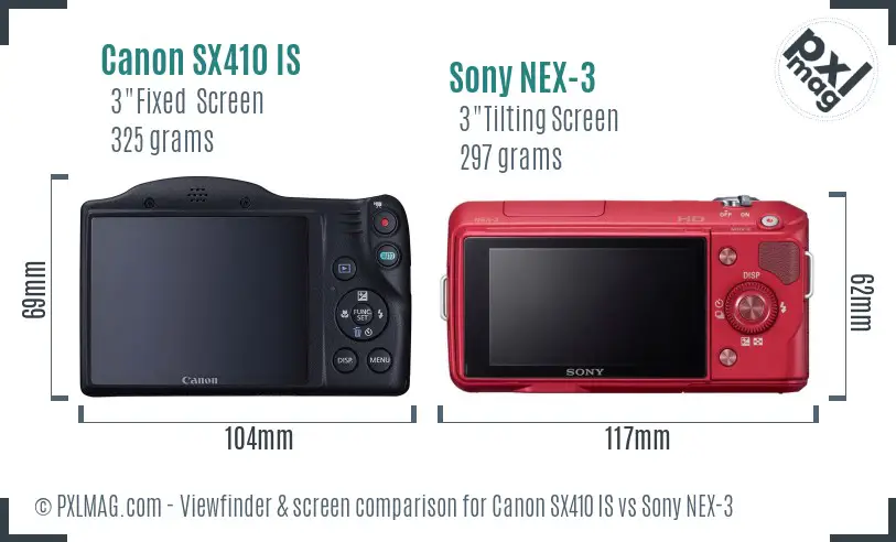 Canon SX410 IS vs Sony NEX-3 Screen and Viewfinder comparison